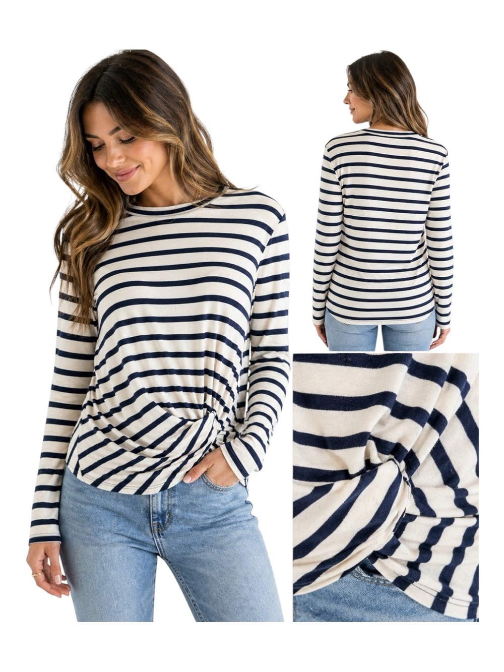 Joe’s Jeans Twist Front Striped Top NWT Small Navy Cream Long Sleeve Soft Knit